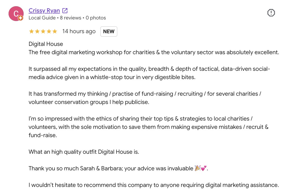 Screenshot of Crissy Ryan's five star Google review praising the free Digital House digital marketing workshop for charities and the voluntary sector