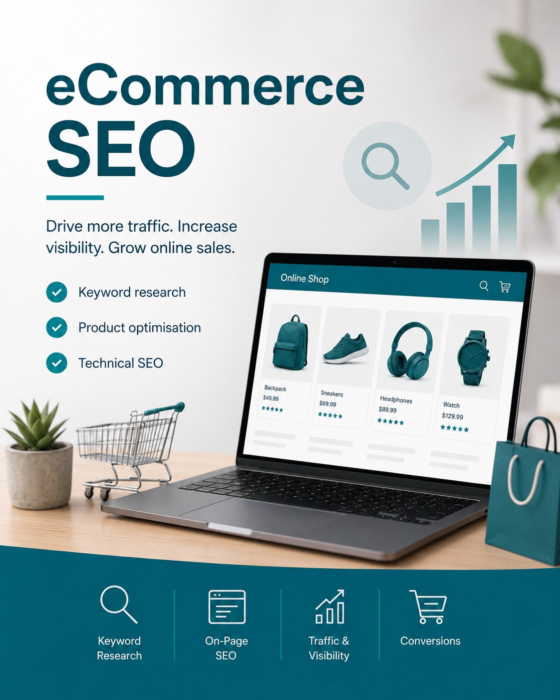 Ecommerce SEO drives more traffic, better visibility and more online sales Ecommerce SEO graphic of an online shop on a laptop with keyword research, product optimisation and technical SEO ticked off