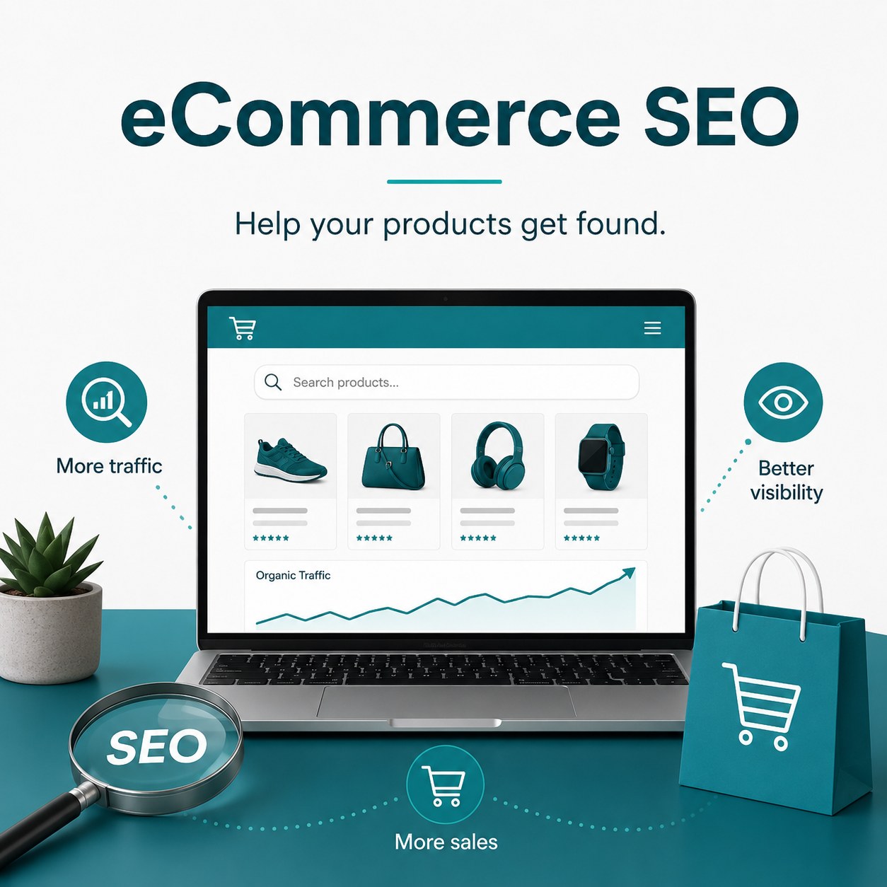 Ecommerce SEO helps your products get found by more shoppers Ecommerce SEO illustration of an online shop with rising organic traffic and products getting found in search