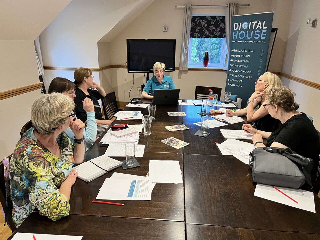 Sarah Ford of Digital House leading a free digital marketing workshop for The Healing Touchway in the Oak Room at Bishopswood Golf Club