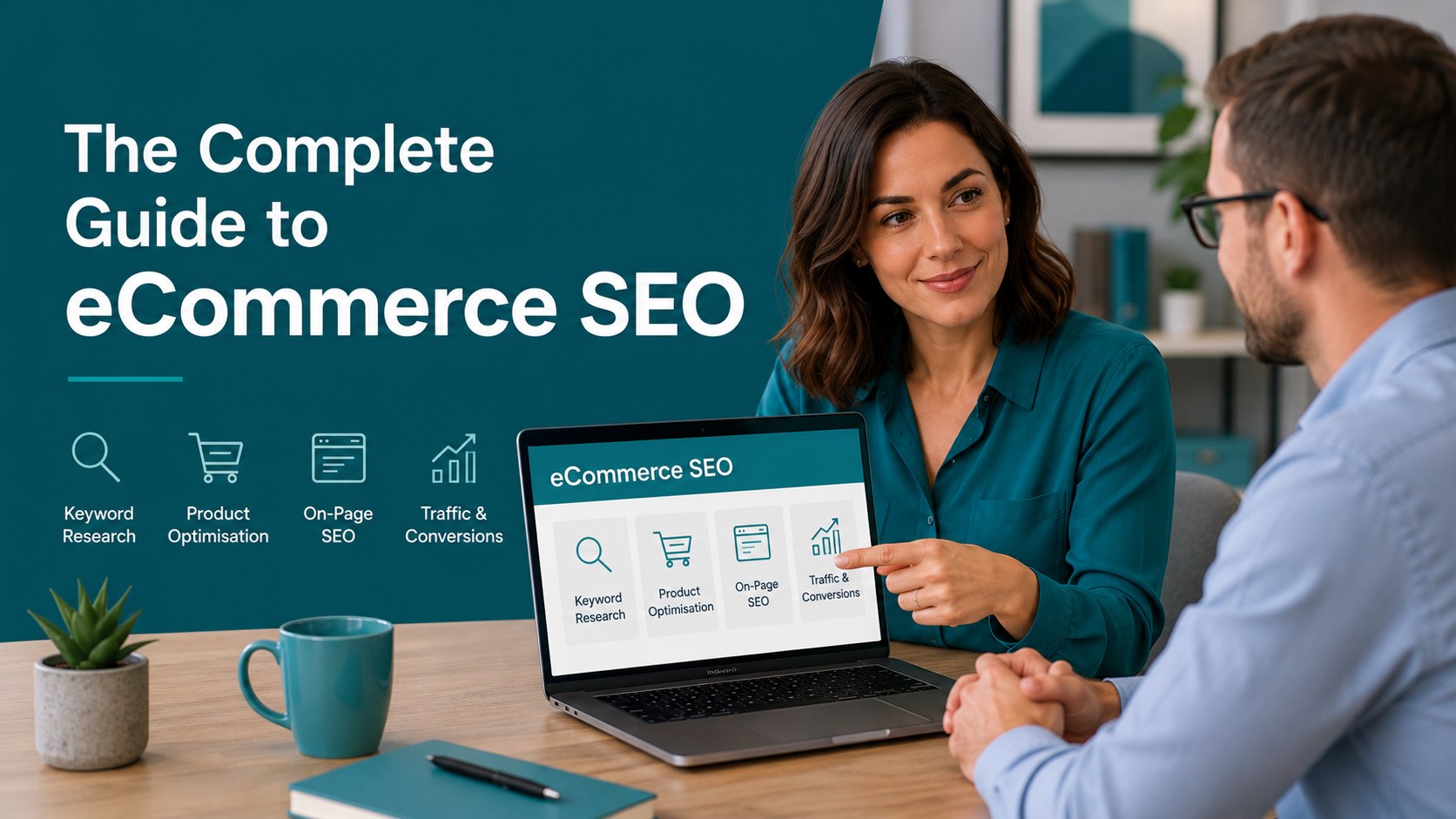 The Complete Guide to eCommerce SEO from Digital House, a consultant explaining keyword research, product optimisation and on-page SEO on a laptop