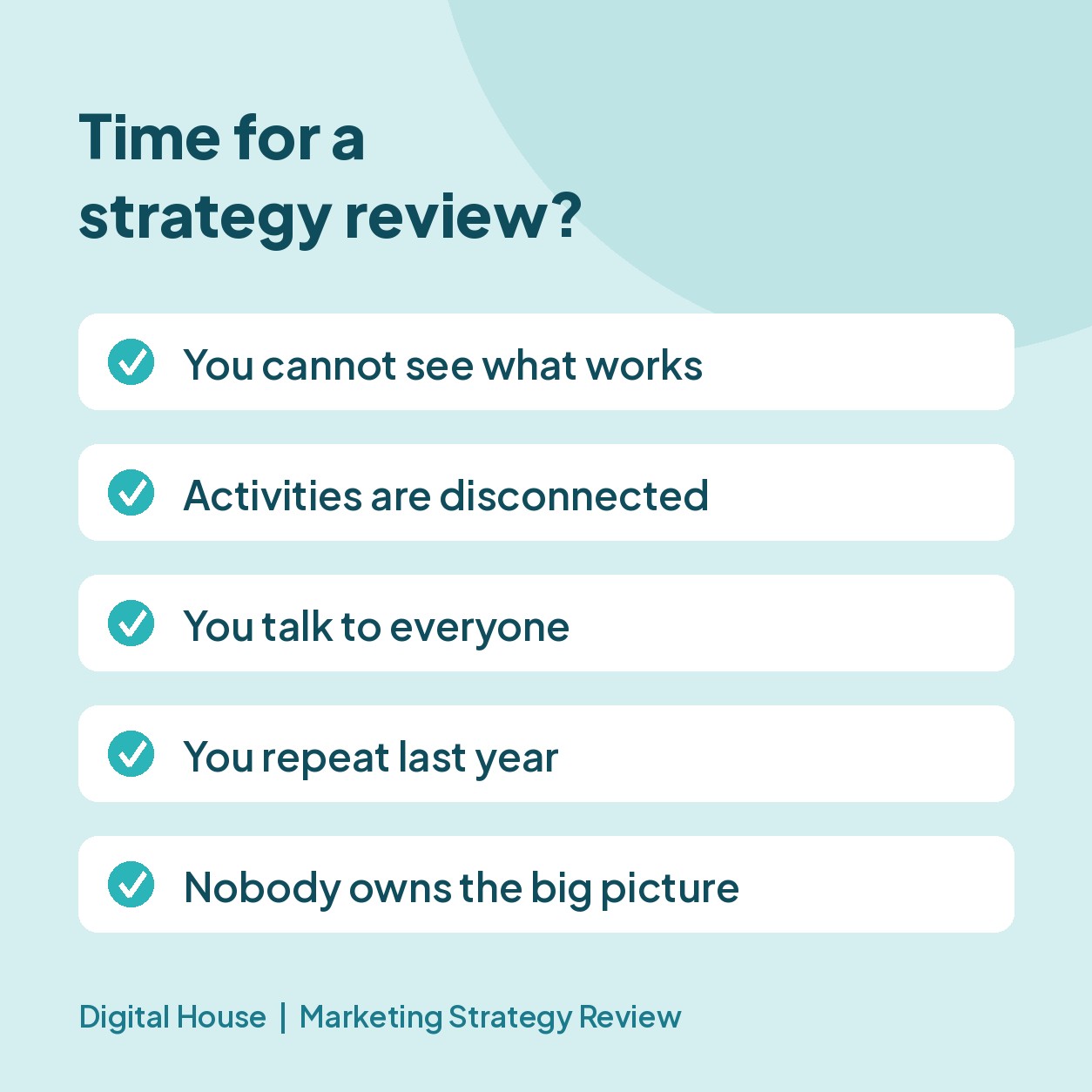 The five warning signs to check your own marketing against Pale teal checklist graphic listing five signs that a marketing strategy needs reviewing