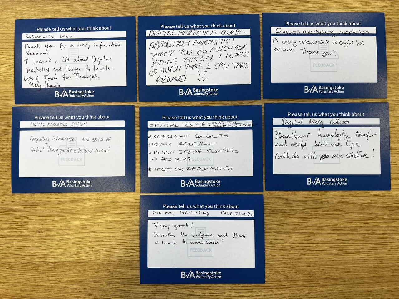 Feedback cards from attendees at the Basingstoke Voluntary Action workshop