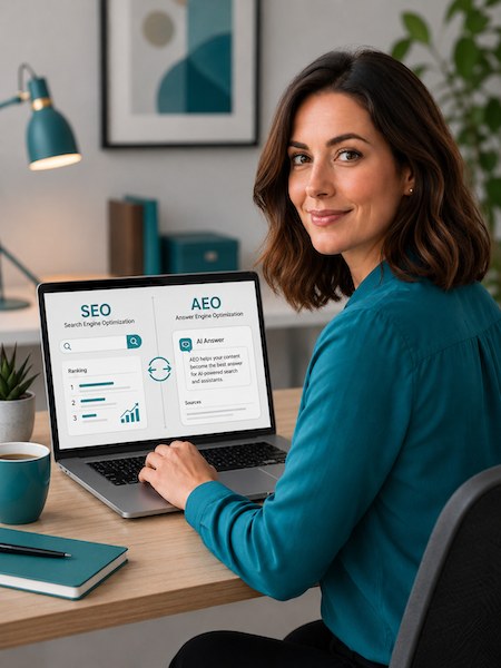 Understanding SEO and AEO for your business A marketing professional at a laptop showing an SEO and AEO comparison, with search rankings on one side and an AI answer on the other